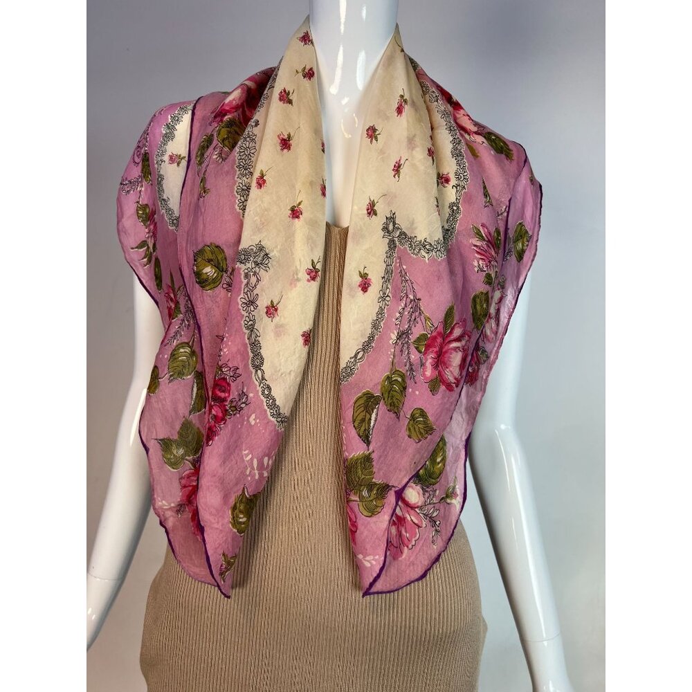 Vintage 60s Floral Handkerchief Scarf Pink & White Delicate Print